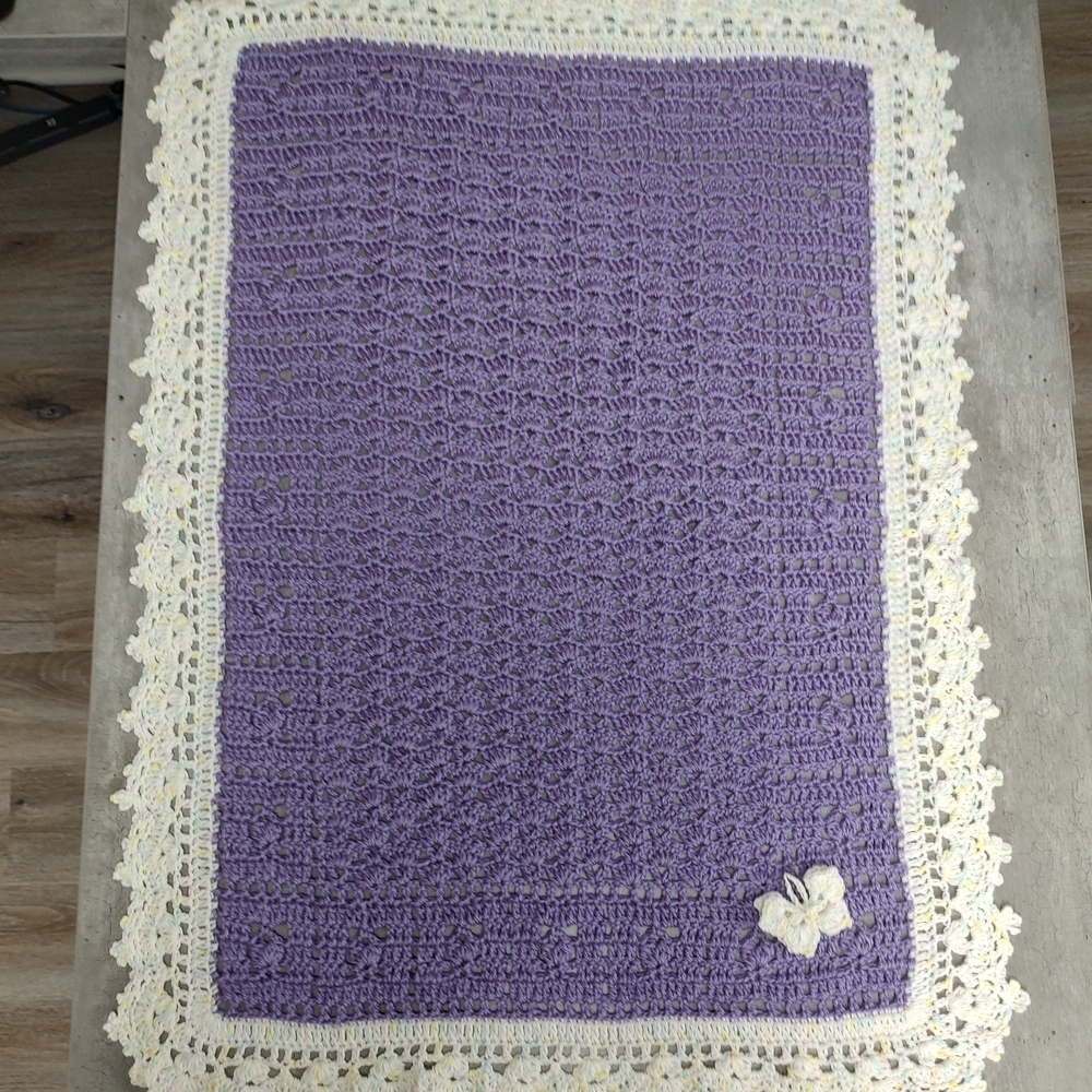 Handmade Purple Crochet Blanket with Cream Border